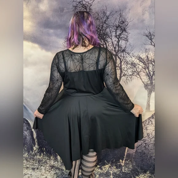 Gothic pixie hem dress with spider web mesh sleeves and neckline size 1XL - Picture 3 of 5
